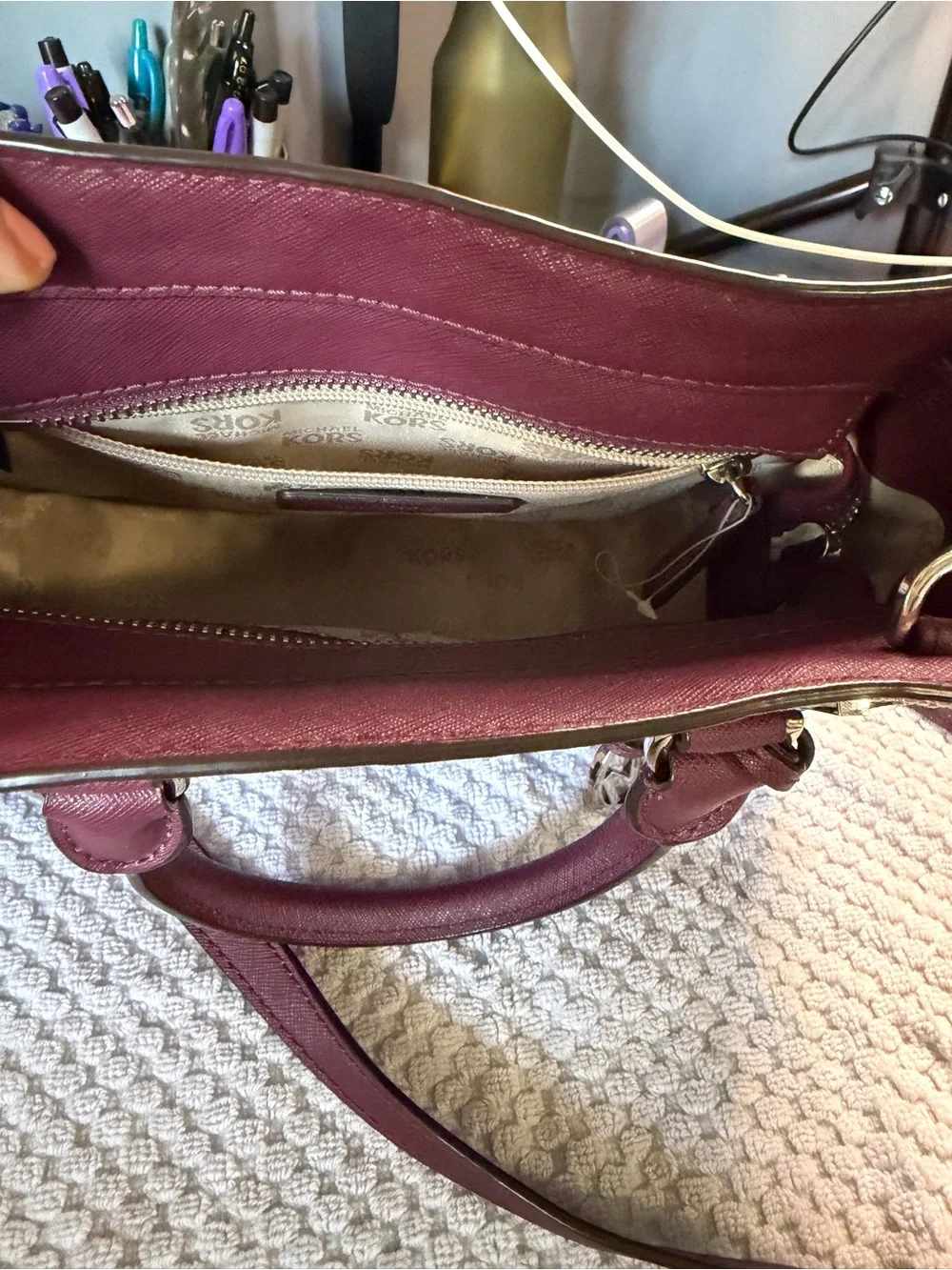 Michael Kors Wine Saffiano Leather Satchel with Gold Hardware